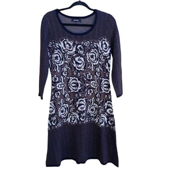 Nine West Knit Long Sleeve Scoop Neck Aline Sweater Dress Herringbone Rosette S - Picture 11 of 11